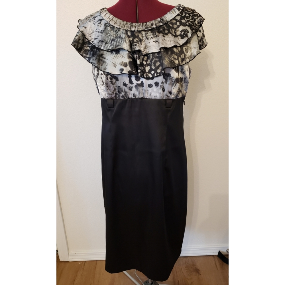 Sleeveless Black Sheath Dress w/ Silver Leopard Ruffled Top, Size 12